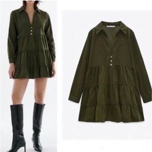 NWT ZARA Green Corduroy Tiered Mini Dress Size M